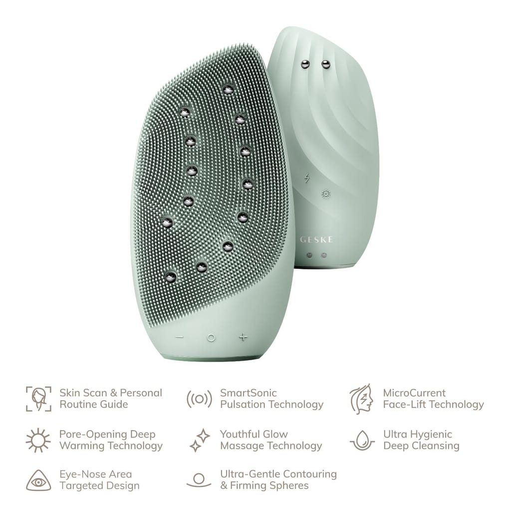 Фото товару: Очищувальна щітка для обличчя GESKE Sonic Thermo Facial Brush&Face-Lifter 8в1 green № 1