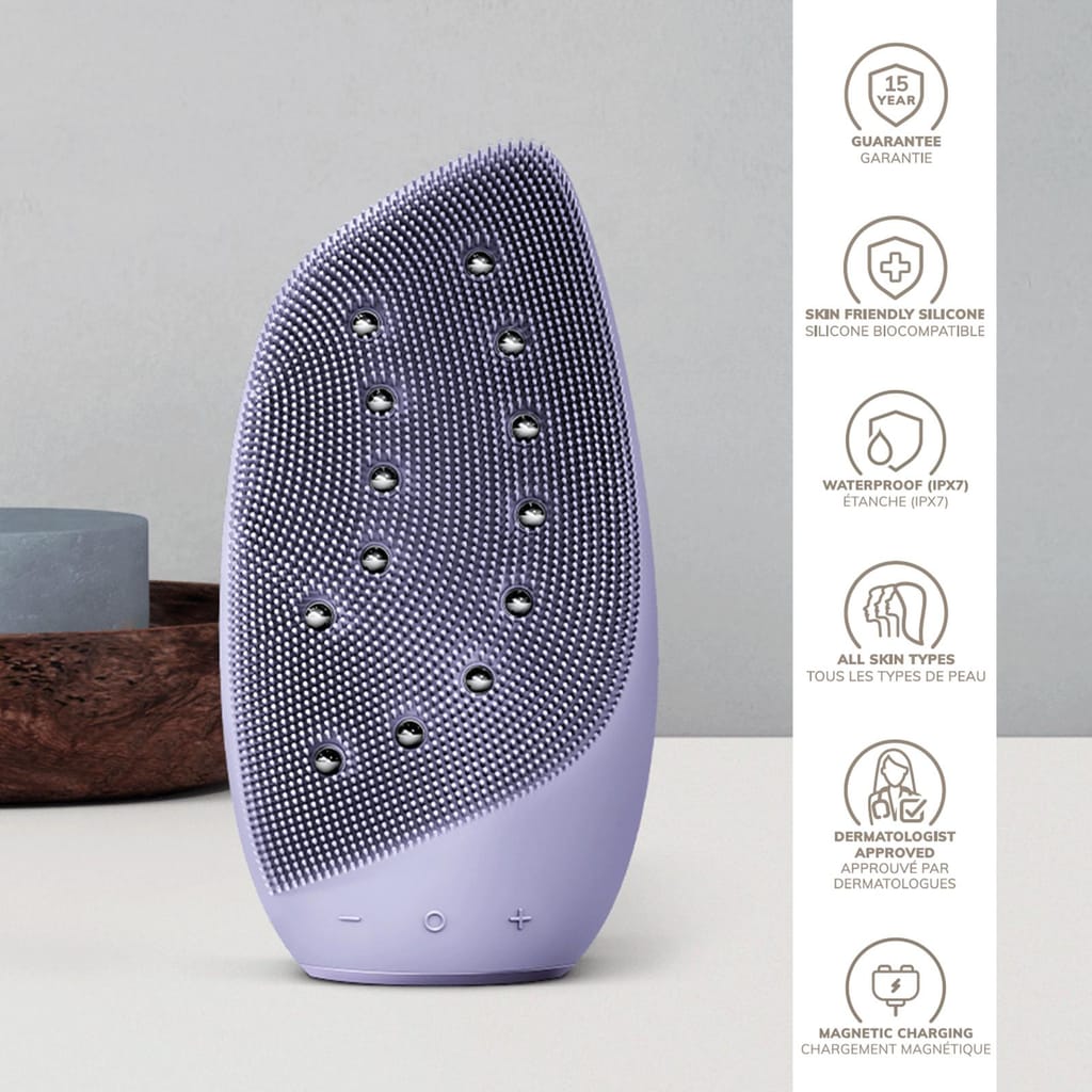 Фото товару: Очищувальна щітка для обличчя GESKE Sonic Thermo Facial Brush&Face-Lifter 8в1 purple № 2